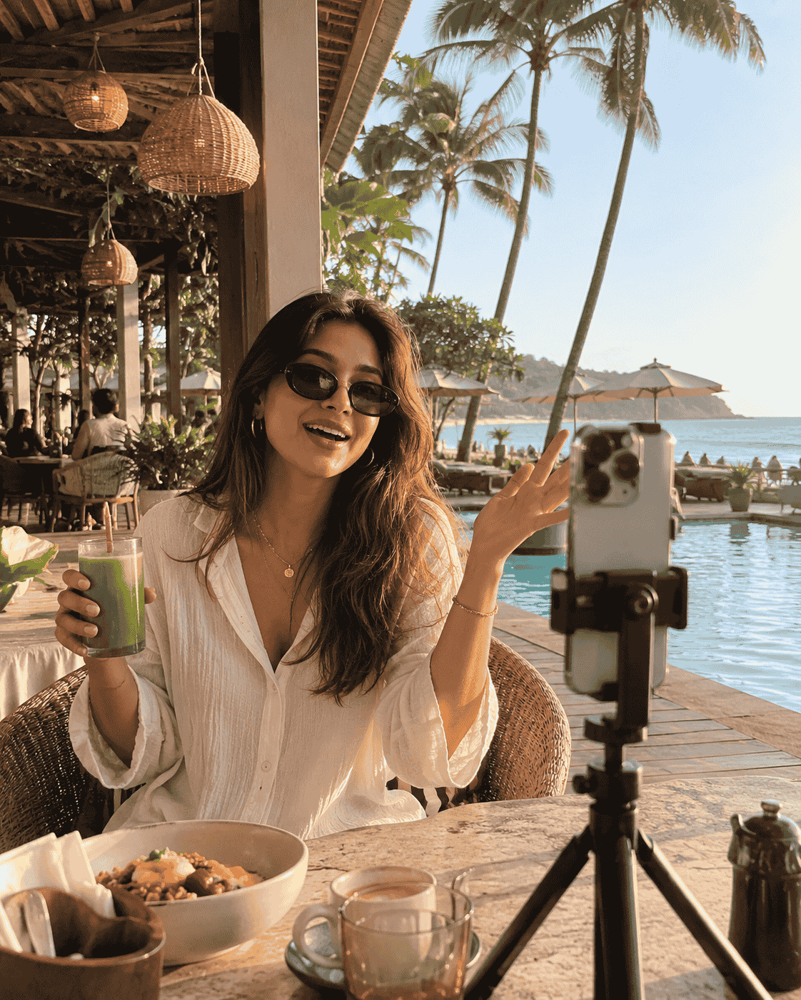 Influencer recording content at a luxury resort