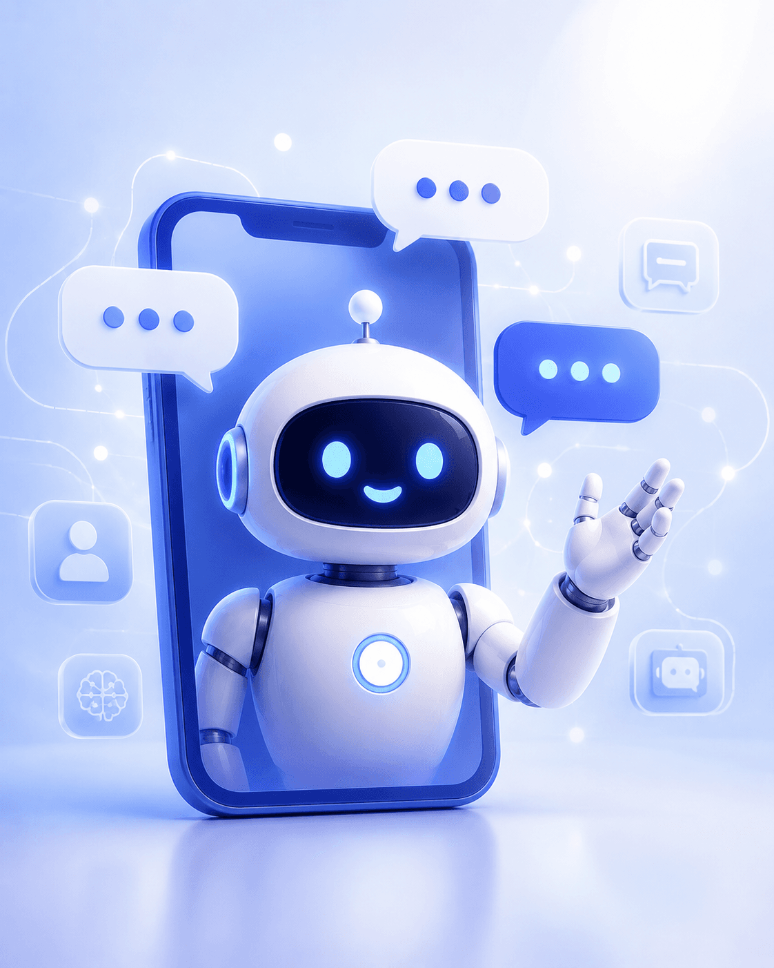 Friendly AI chatbot emerging from a smartphone screen