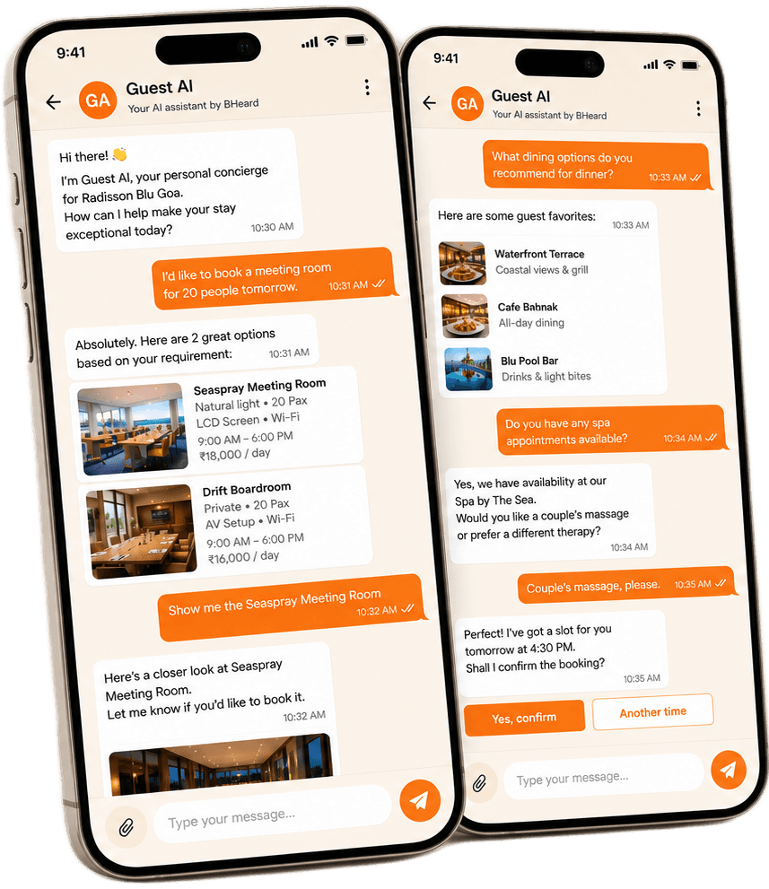 Guest AI mobile chat interface showing room booking, dining recommendations, and spa appointments