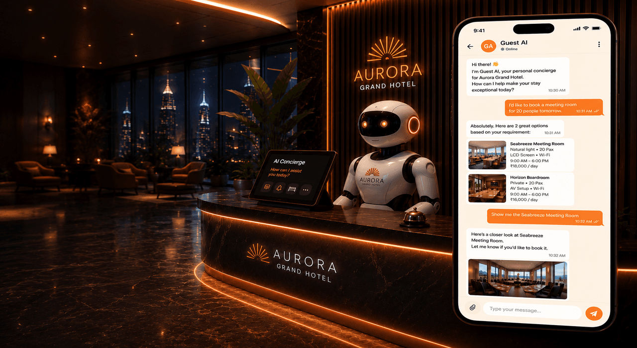 AI Guest Agent at a luxury hotel reception desk with digital concierge interfaces