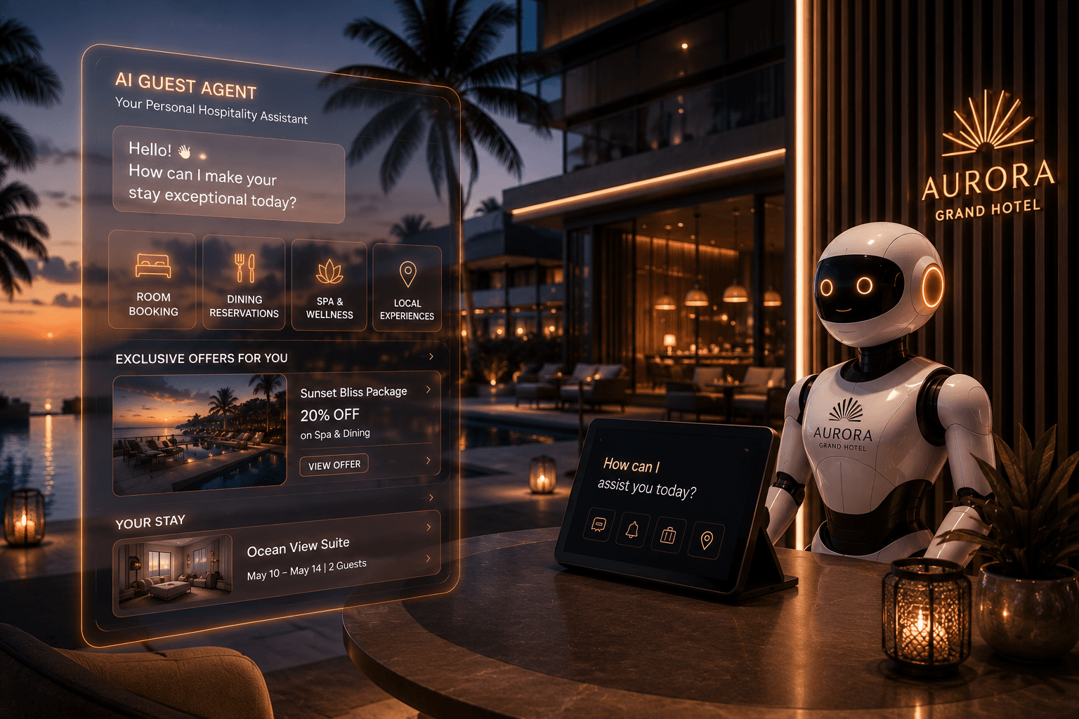 AI Guest Agent holographic interface at a luxury hotel reception desk
